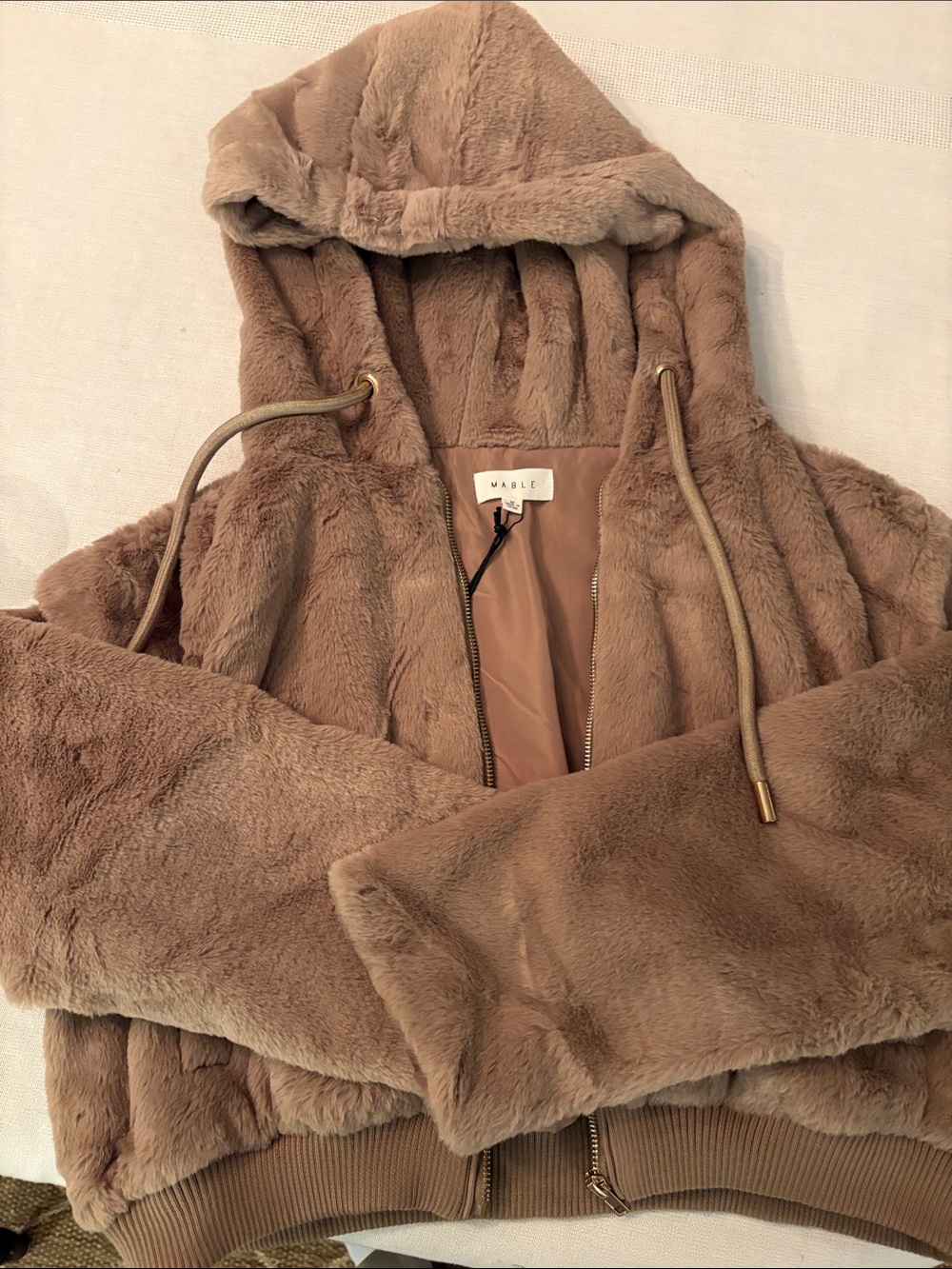 MARBLE Plush Hooded Teddy Jacket in Taupe